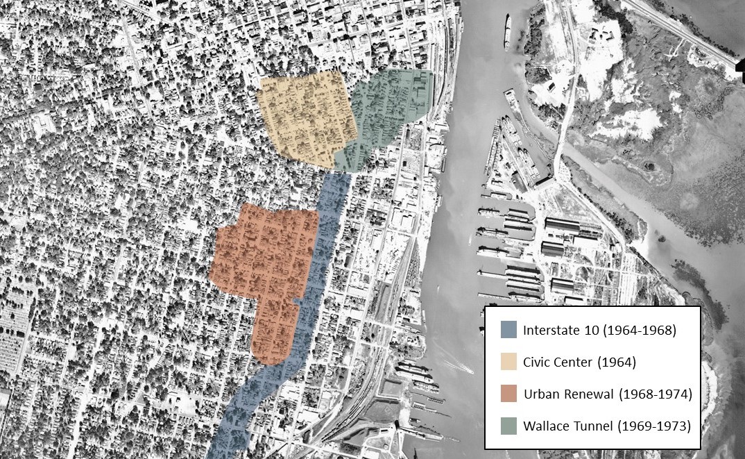 Black and white aerial photo of south Mobile with neighborhoods marked in blue, yellow, red, and green